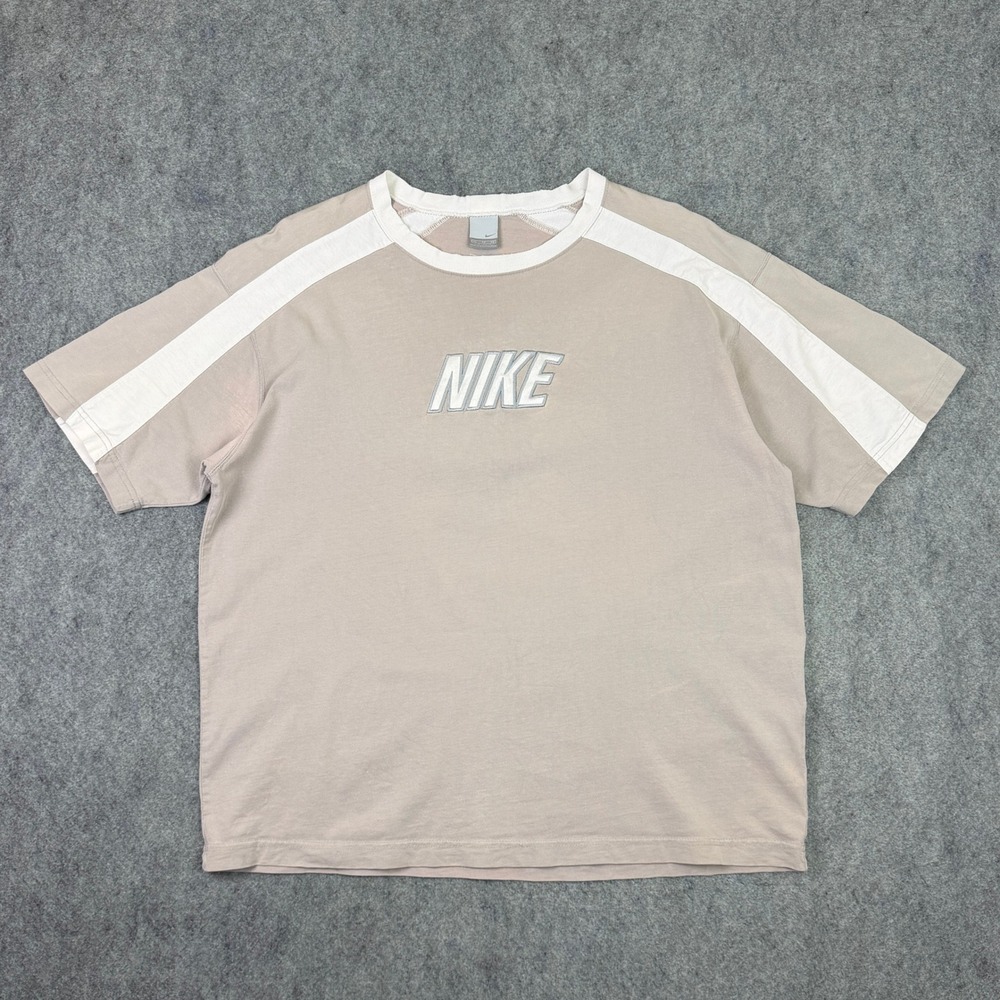 Vintage Nike Spellout T-Shirt Mens XL Taupe Brown White Stripe Embroidered Y2K